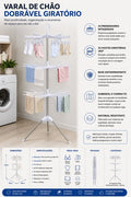 Varal De Chão Giratorio 3 Andares Vertical Grande Com Grampos Retrátil Para Apartamento Roupa Slim Dobrável Aço Portátil