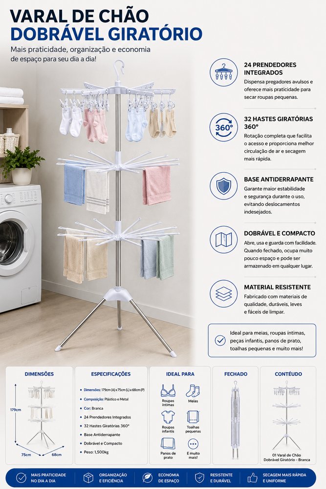 Varal De Chão Giratorio 3 Andares Vertical Grande Com Grampos Retrátil Para Apartamento Roupa Slim Dobrável Aço Portátil