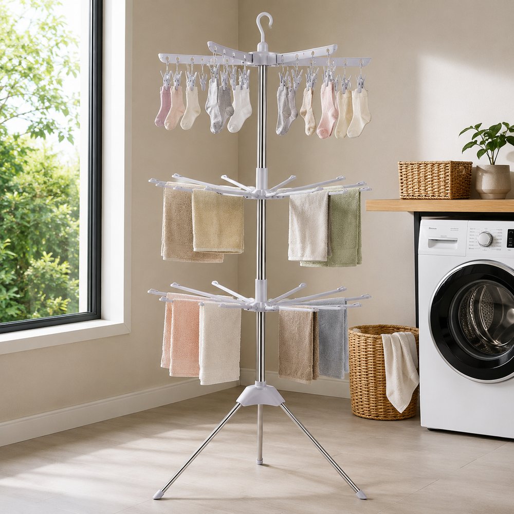 Varal De Chão Giratorio 3 Andares Vertical Grande Com Grampos Retrátil Para Apartamento Roupa Slim Dobrável Aço Portátil