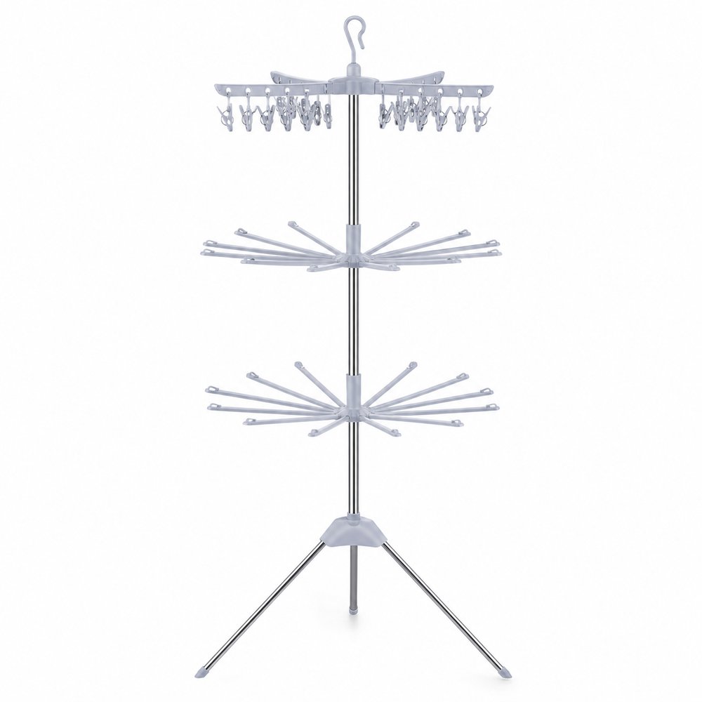 Varal De Chão Giratorio 3 Andares Vertical Grande Com Grampos Retrátil Para Apartamento Roupa Slim Dobrável Aço Portátil