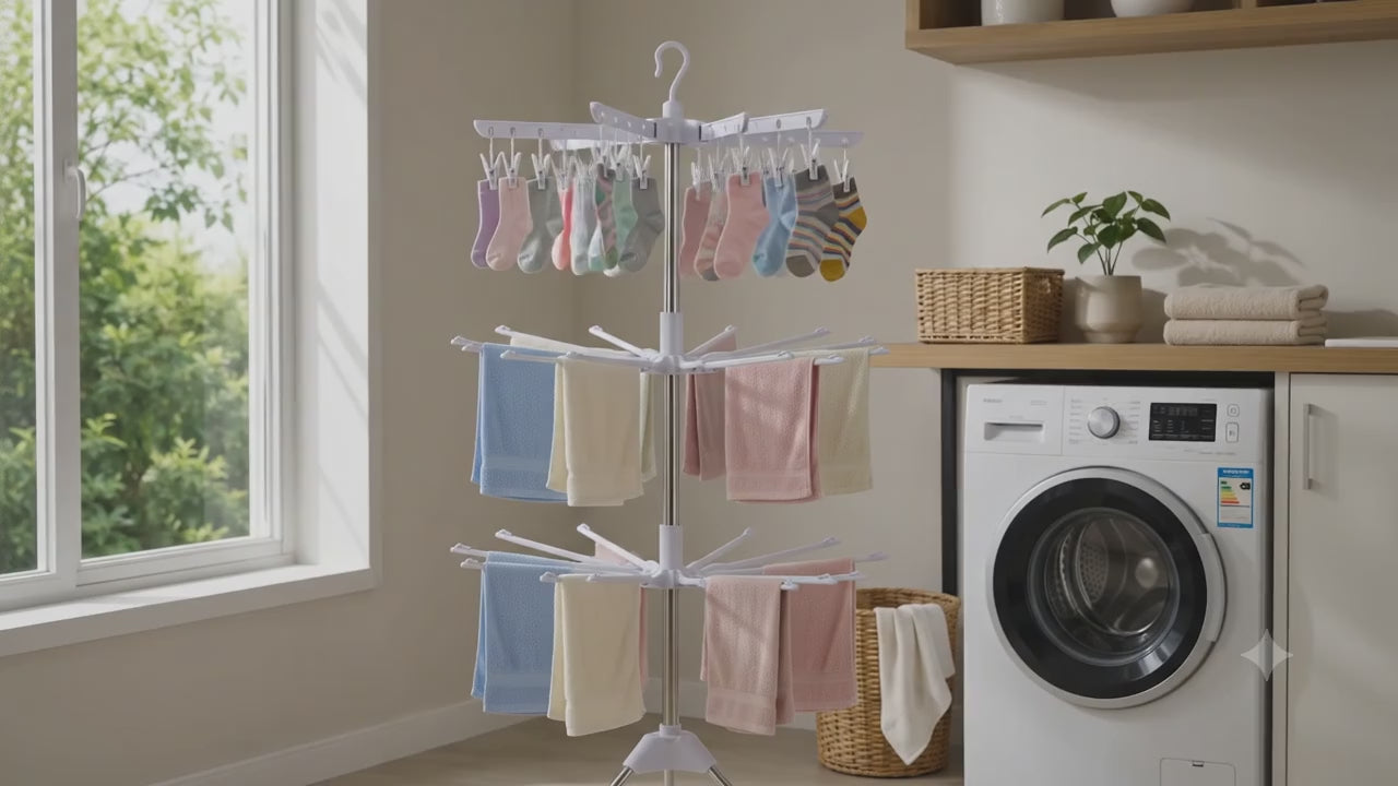 Varal De Chão Giratorio 3 Andares Vertical Grande Com Grampos Retrátil Para Apartamento Roupa Slim Dobrável Aço Portátil